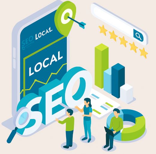 Illustration of local SEO strategy with charts, maps, and team collaboration.